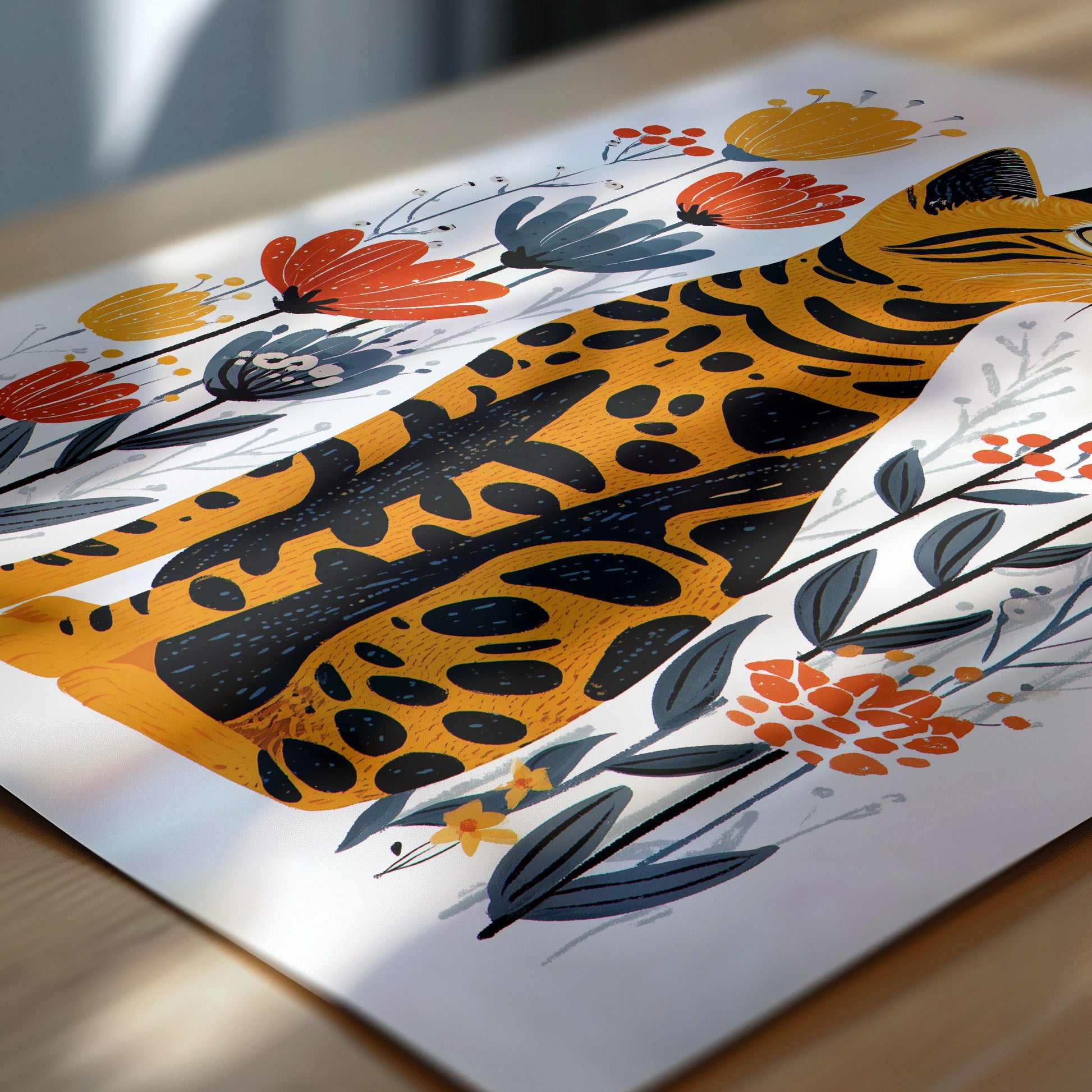 Bengal Cat Floral Art Print | Folk-Art Wall Decor