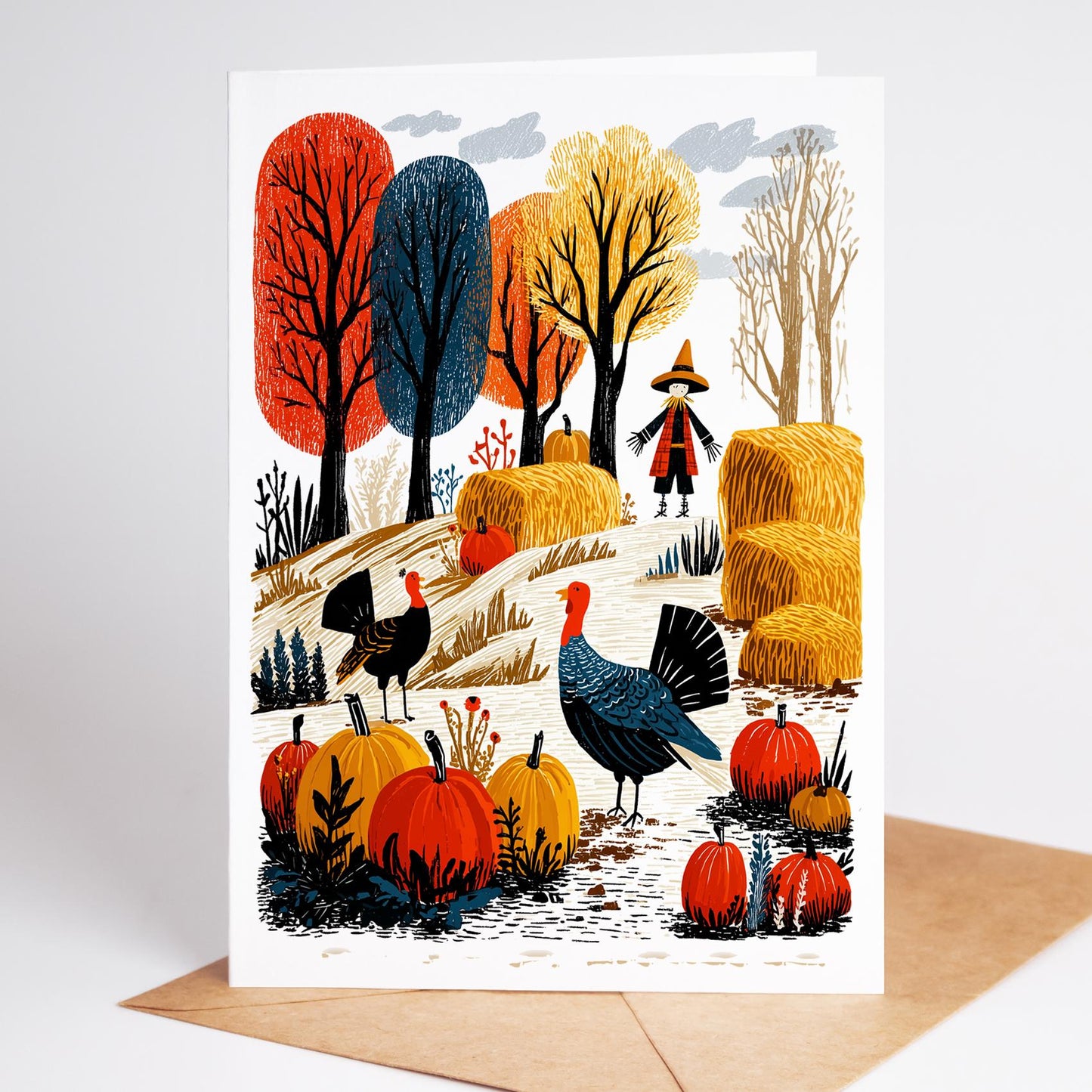 Thanksgiving Cards Set of 10 | 5 Unique Autumn Farm Designs | Blank Inside | Turkey Fall Greeting Cards with Envelopes | 4.25x5.5