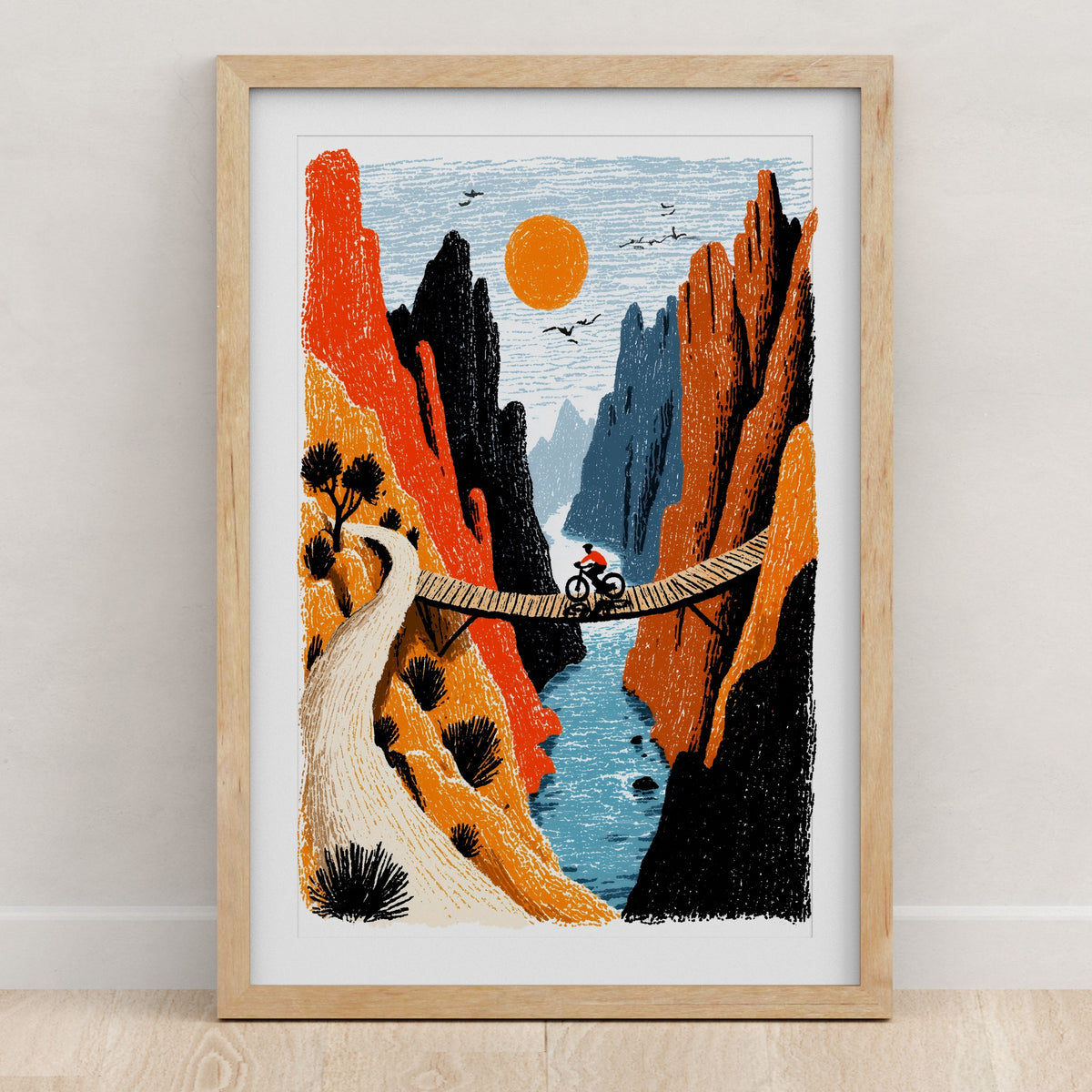 Folk art mountain biking wall art print
