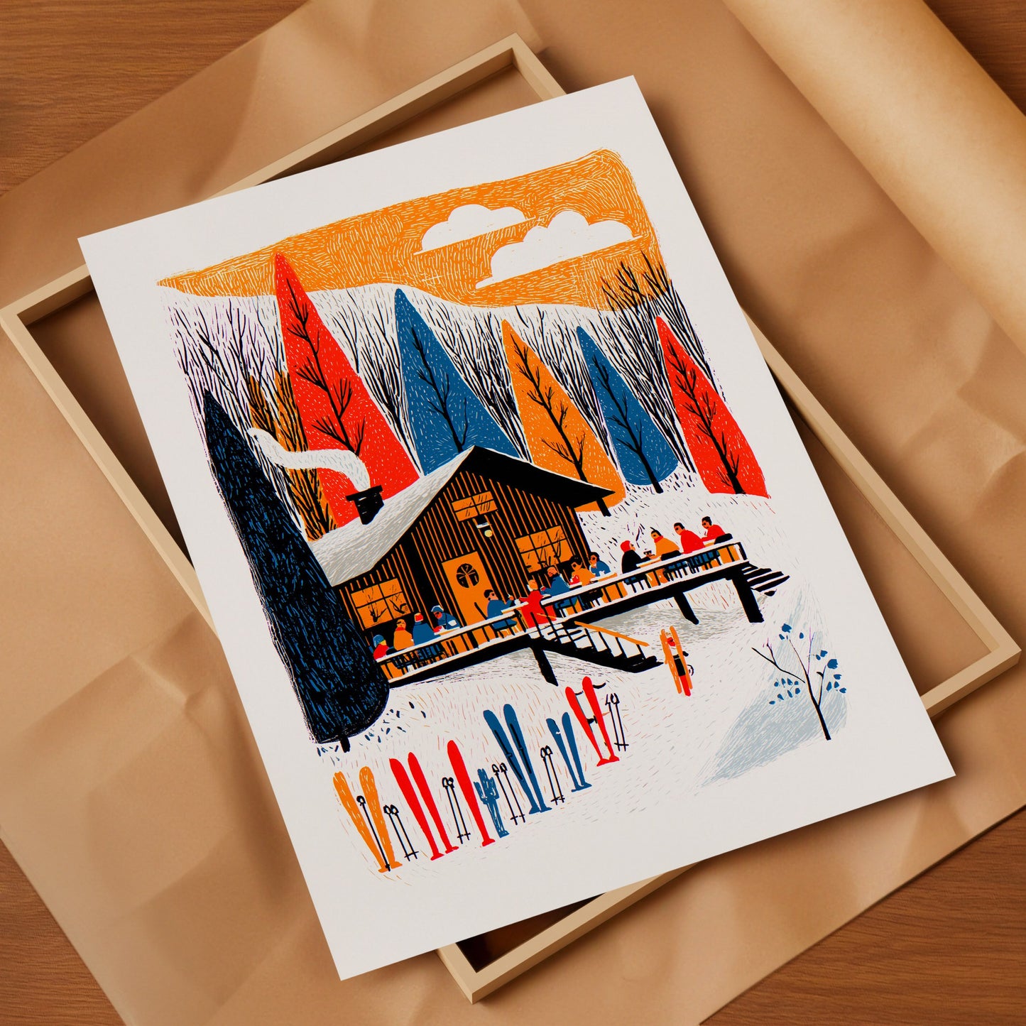 Skiing Art Print | Folk-Art Wall Decor