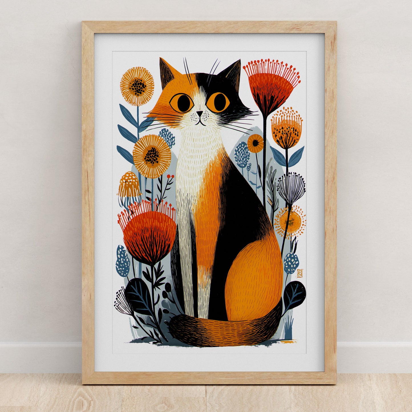 Calico Cat Floral Art Print | Folk-Art Wall Decor