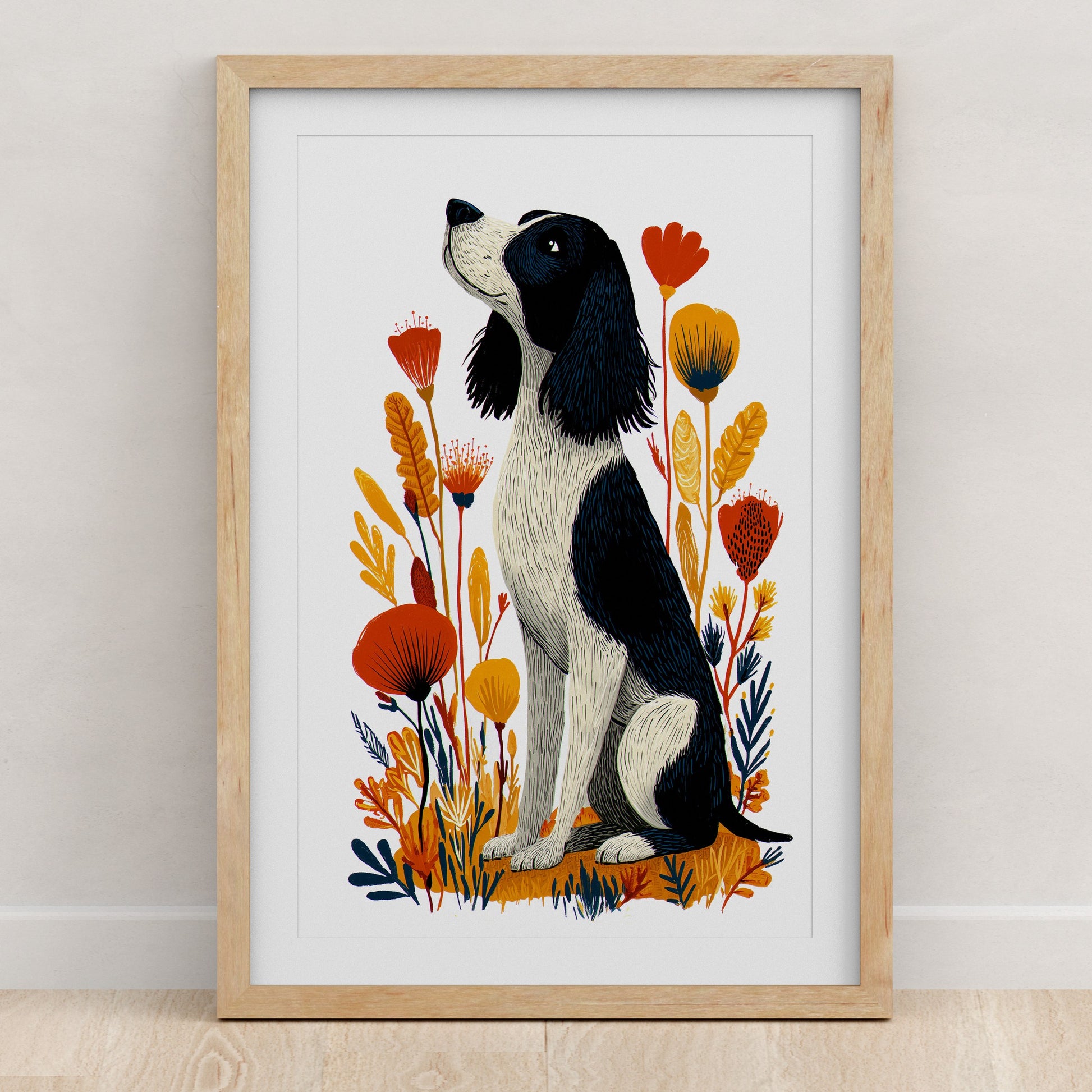 Springer Spaniel Floral Art Print | Folk-Art Wall Decor