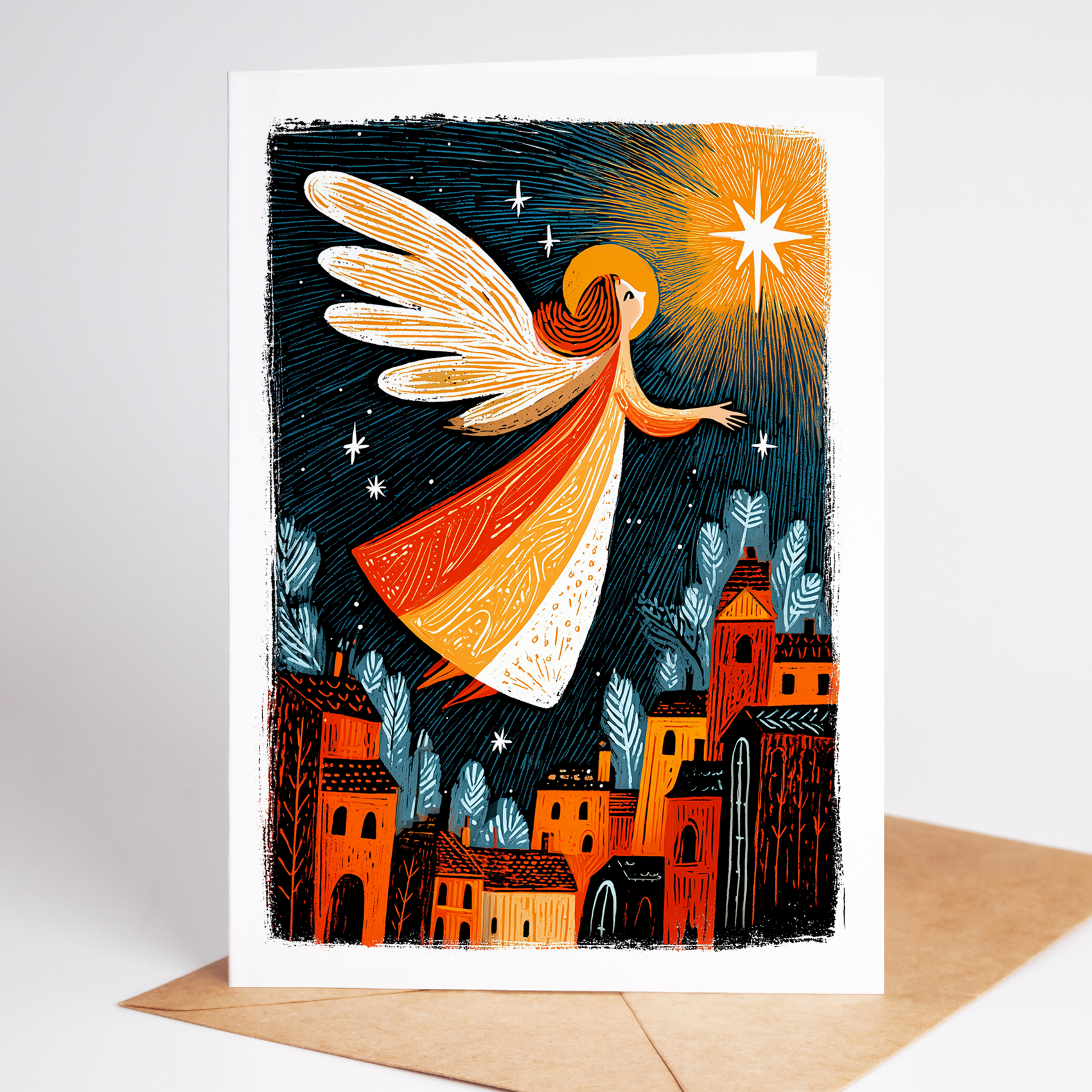 Angel over Bethlehem reaching toward the Star of Bethlehem, illustrated religious Christmas card in warm orange and blue tones from Learn Grow Play.