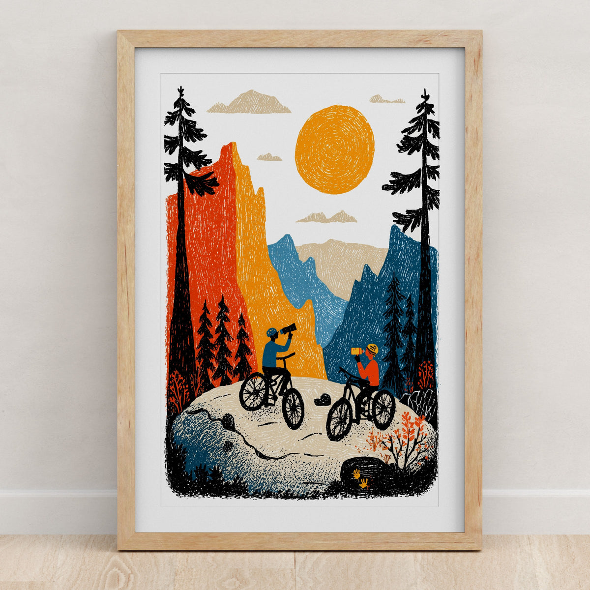 Folk art mountain biking wall art print