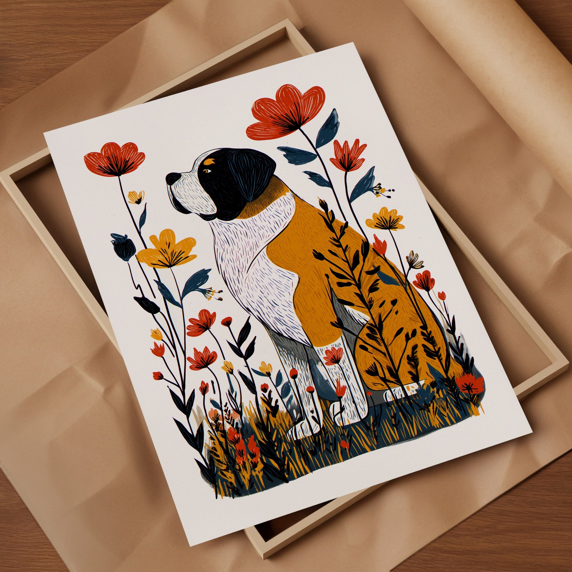 St Bernard Floral Art Print | Folk-Art Wall Decor