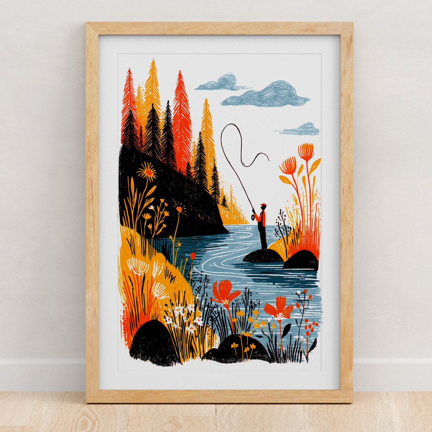 Fly Fishing Art Print | Folk-Art Wall Decor