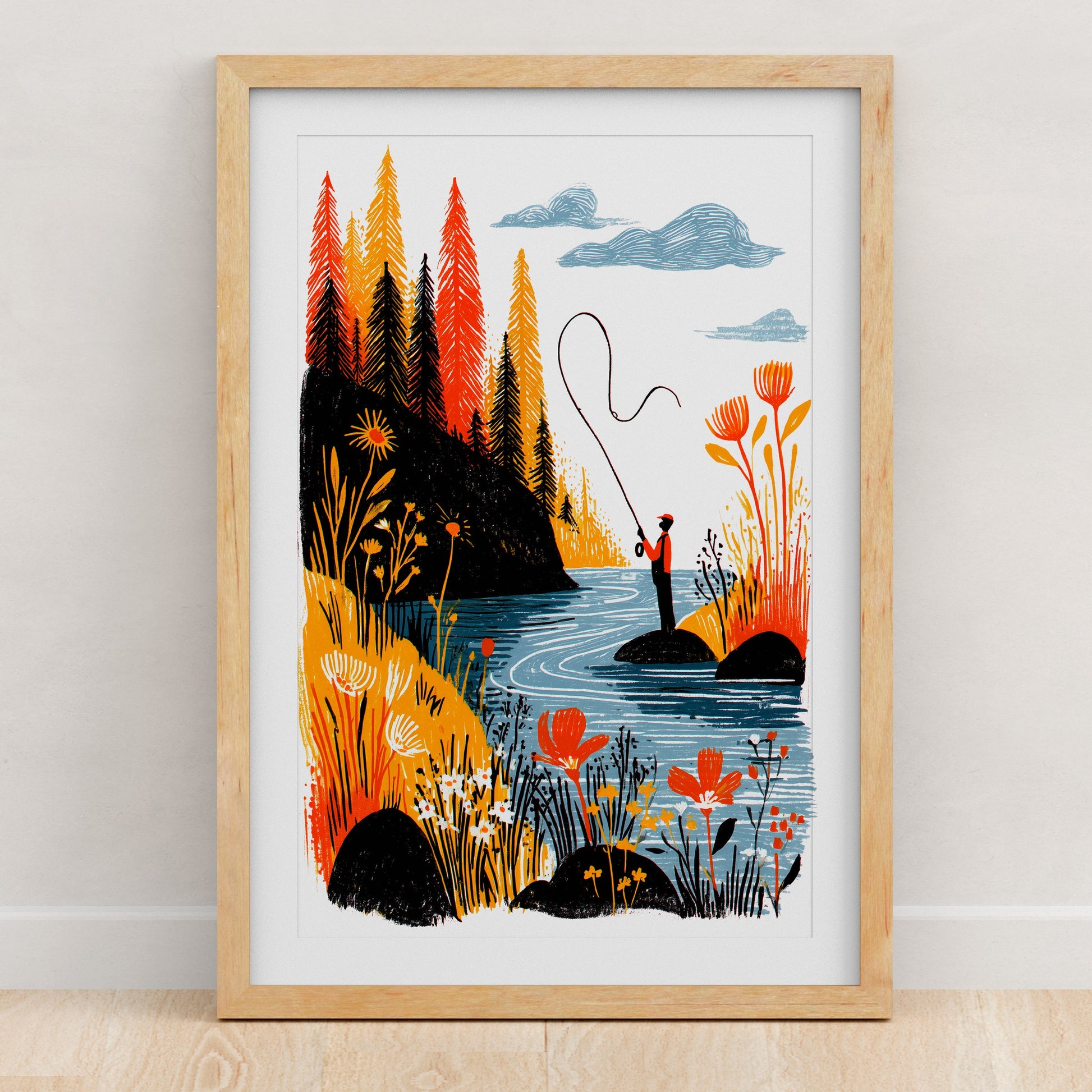 Fly Fishing Art Print | Folk-Art Wall Decor