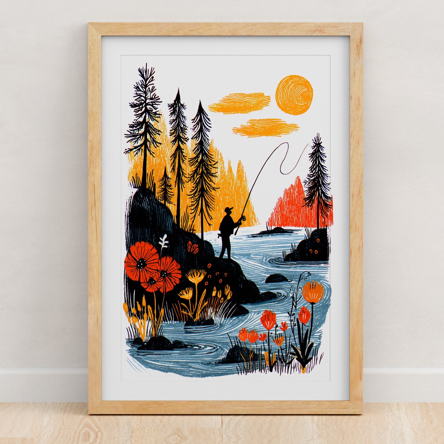 Fly Fishing Art Print | Folk-Art Wall Decor