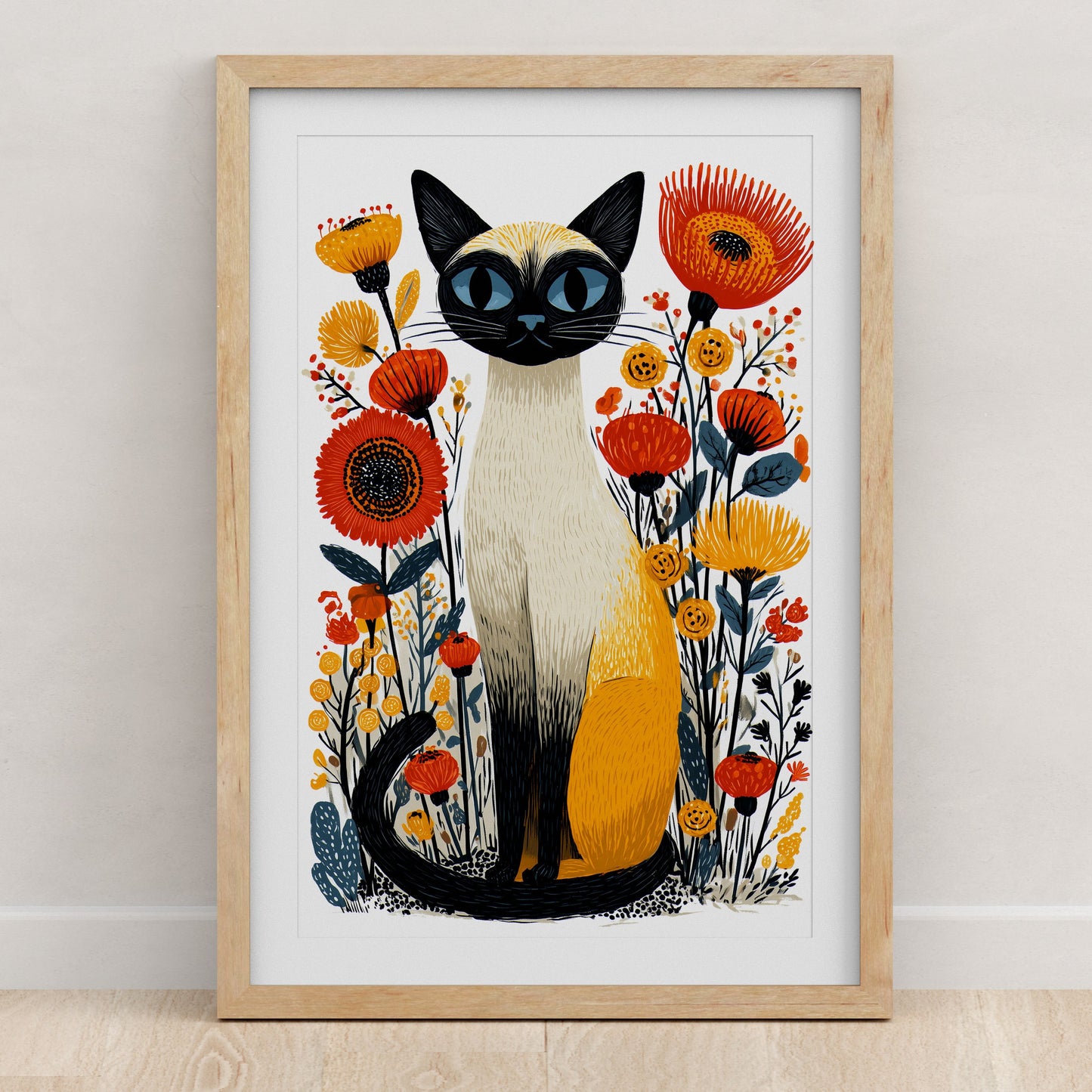 Siamese Cat Floral Art Print | Folk-Art Wall Decor