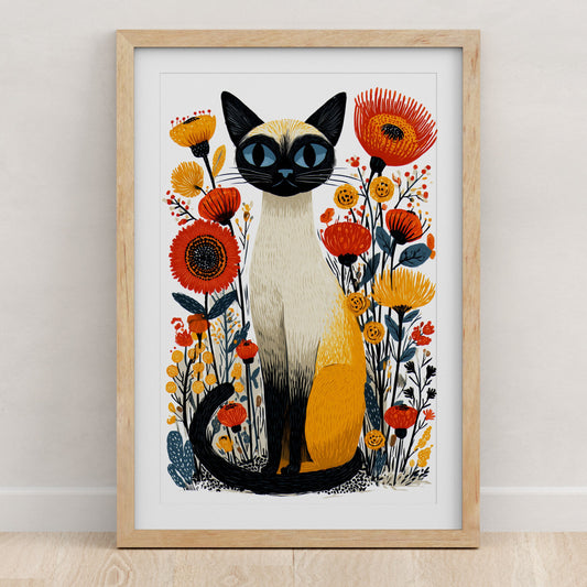 Siamese Cat Floral Art Print | Folk-Art Wall Decor