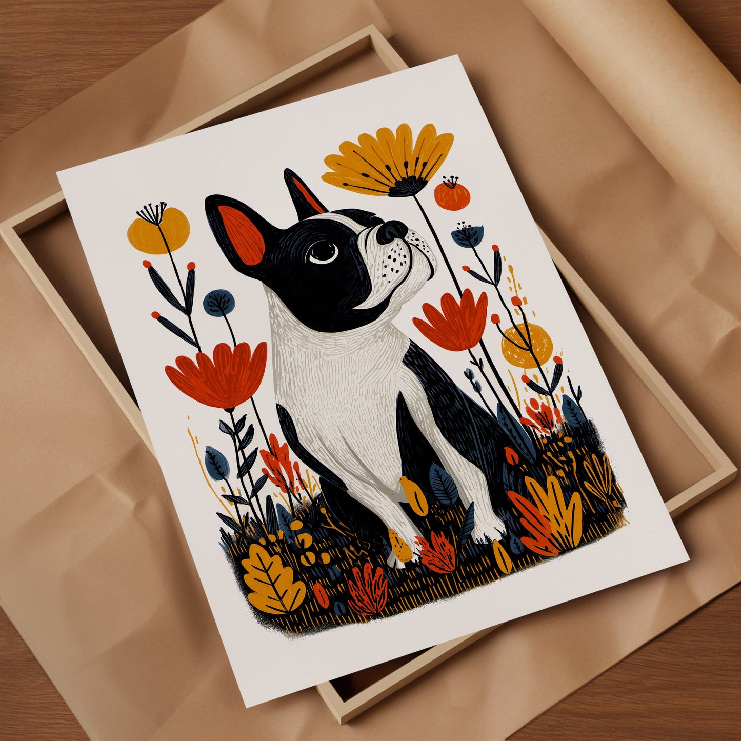 French Bulldog Floral Art Print | Folk-Art Wall Decor