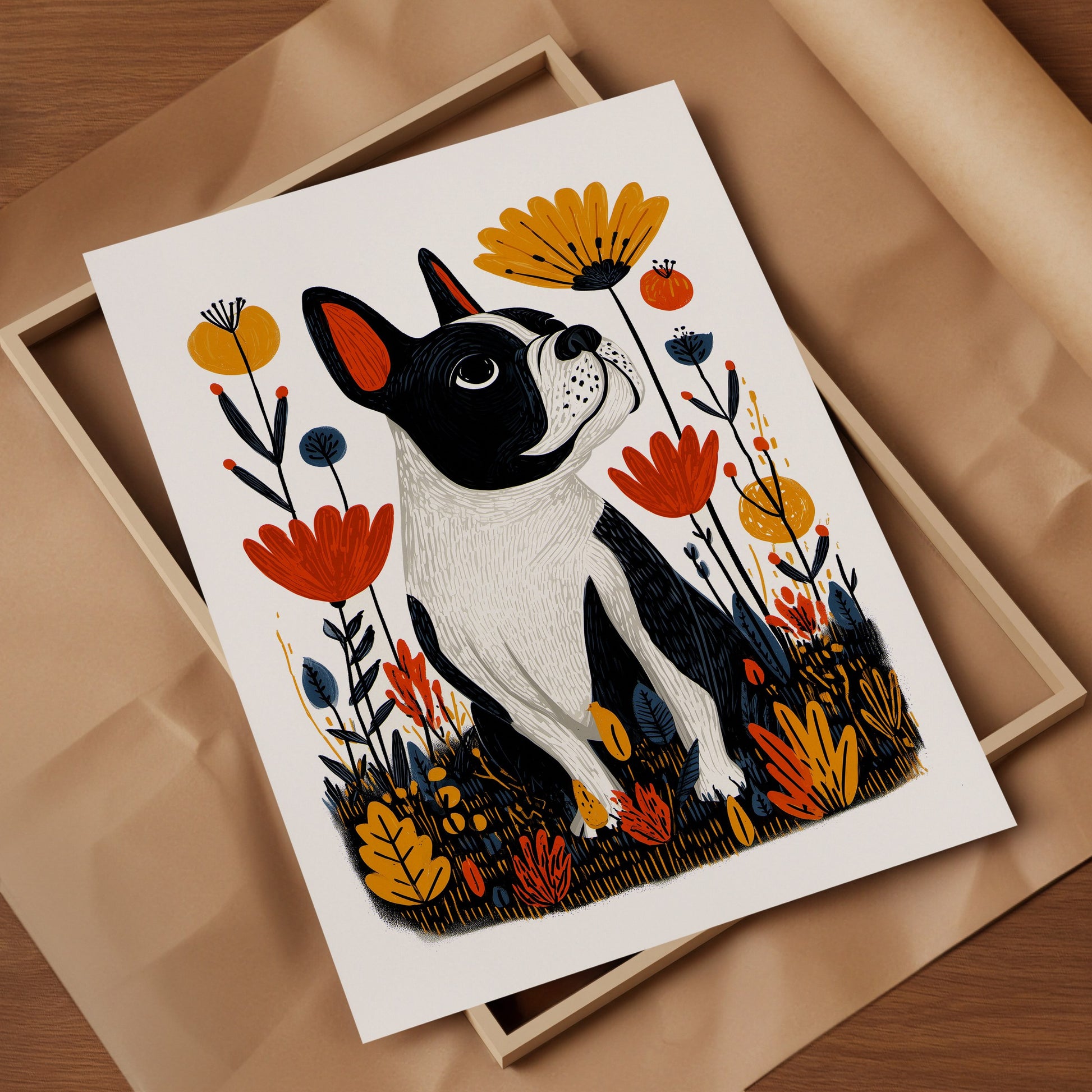 French Bulldog Floral Art Print | Folk-Art Wall Decor