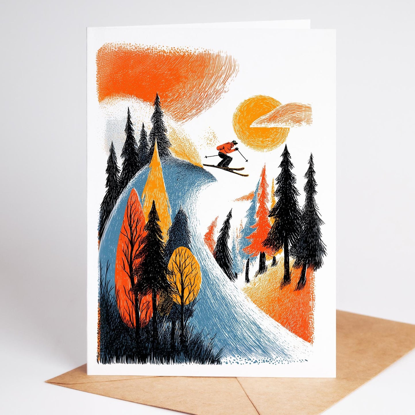 Illustration of a skier on a mountain with trees and a sunset, on a white card with a brown envelope.
