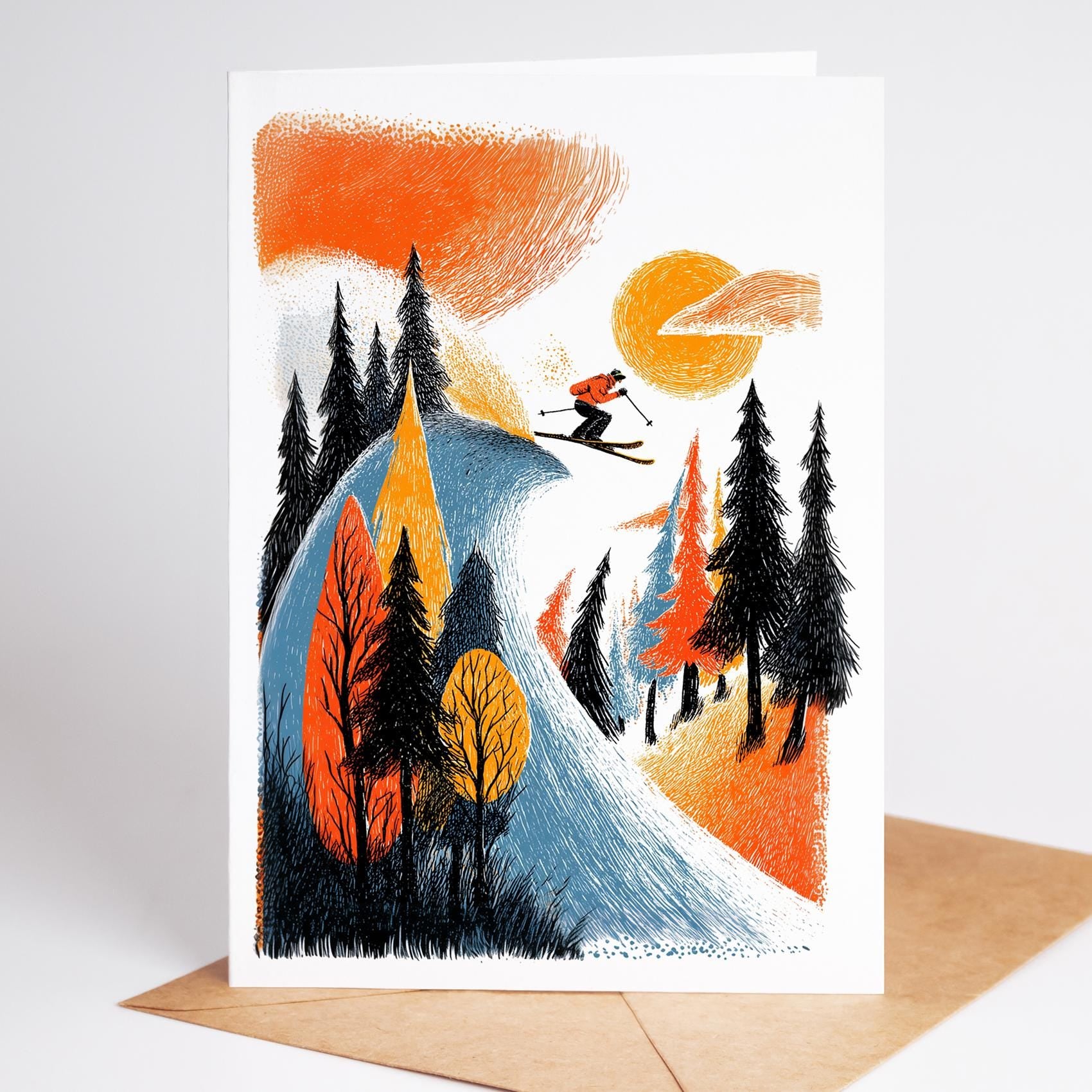 Illustration of a skier on a mountain with trees and a sunset, on a white card with a brown envelope.