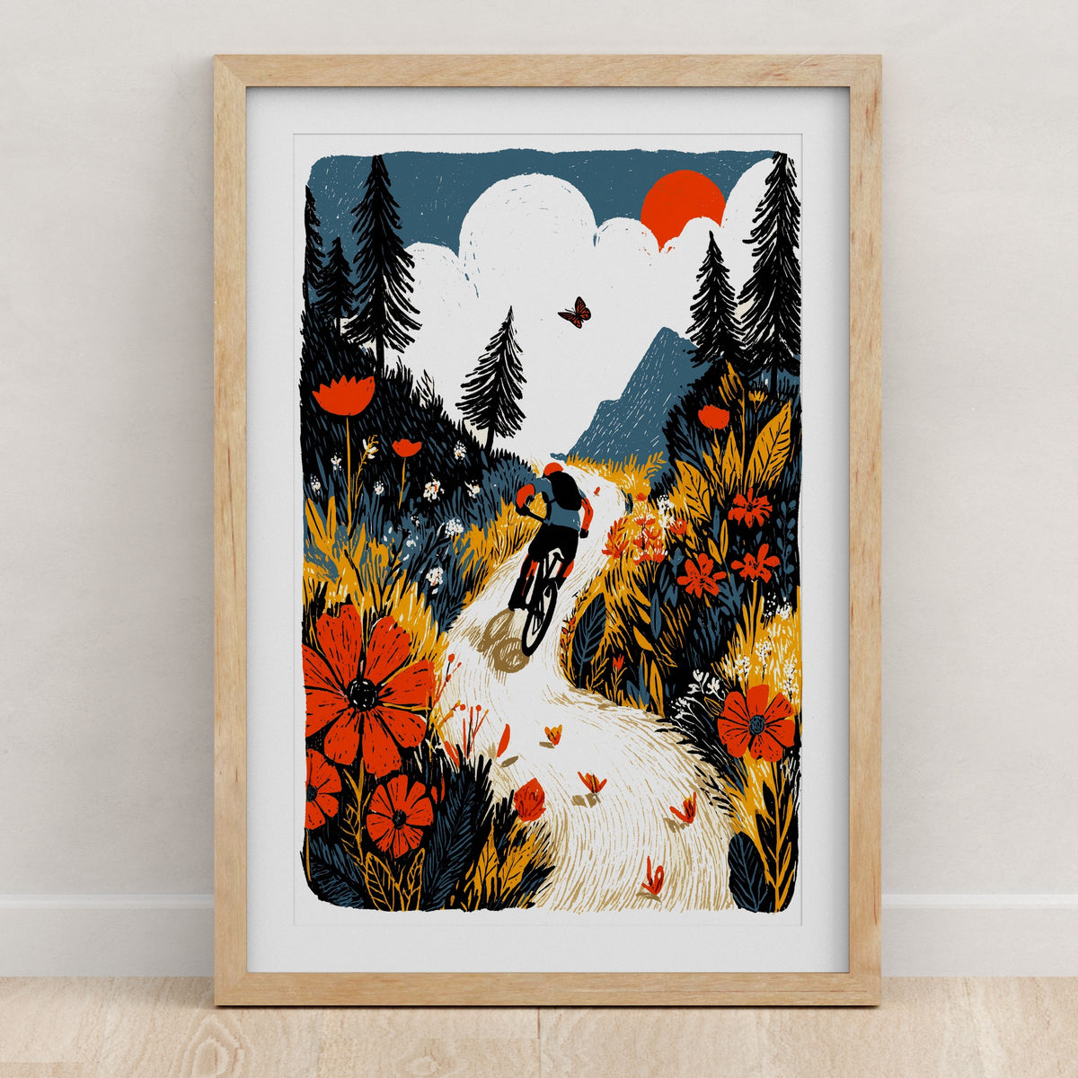 Folk art mountain biking wall art print