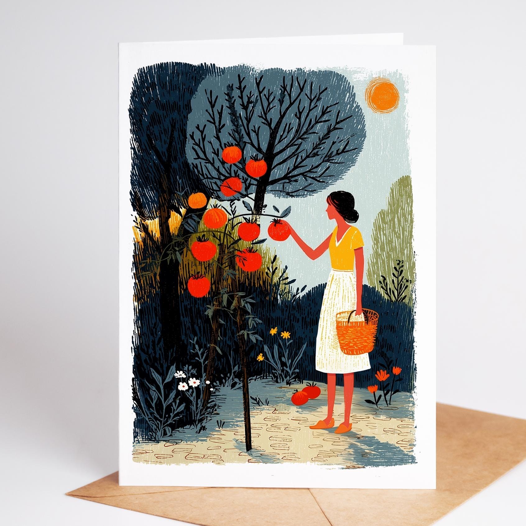 Garden art greeting card with textured illustration of plants and flowers, framed by bold white border, part of gardening card set of 10.