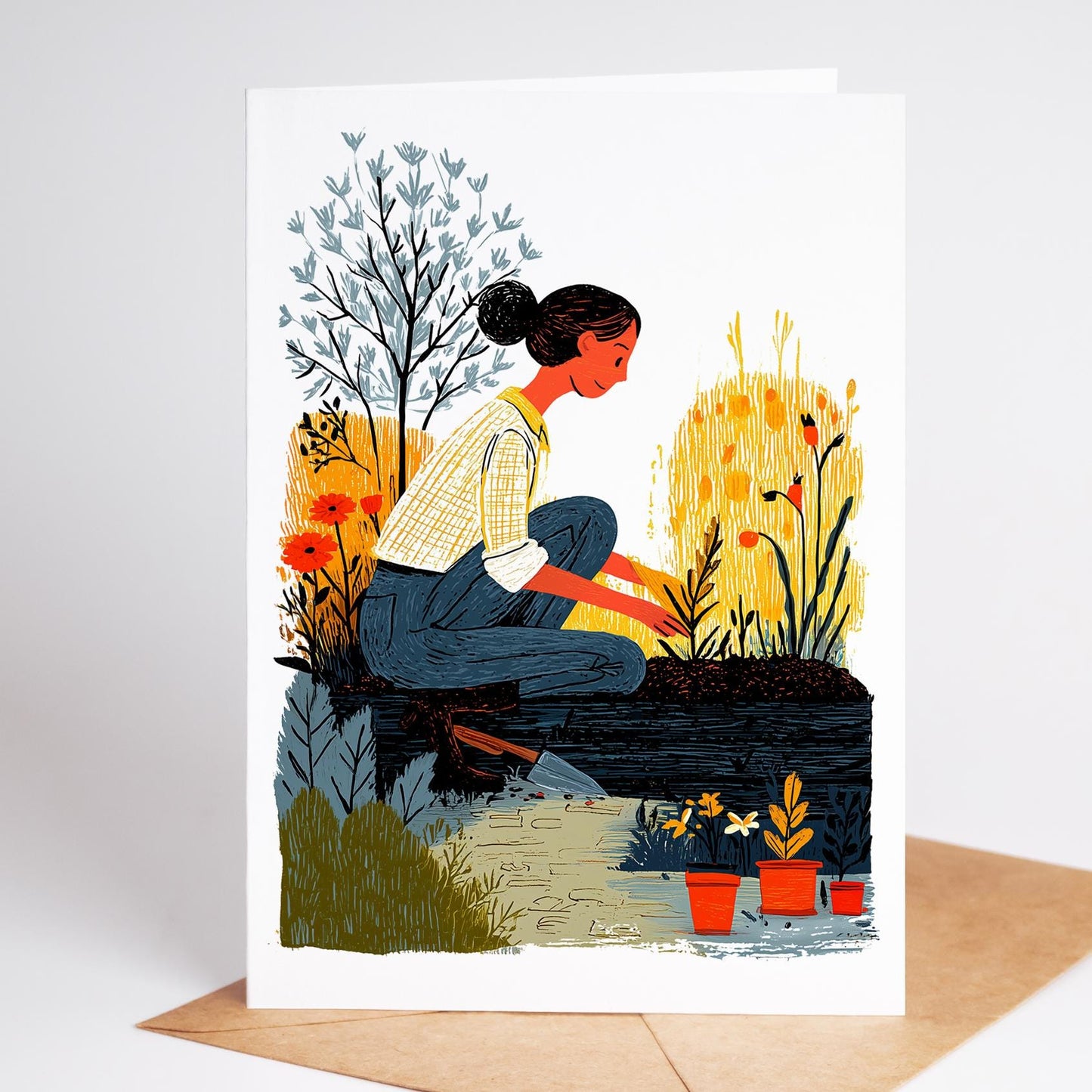 Gardening themed greeting card in brush-stroke style, blank note card for garden lovers, included in 10-card stationery set.