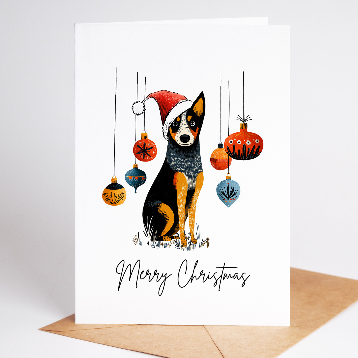 Festive Cattle Dog Christmas card with holiday design