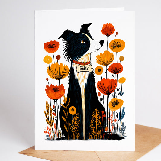Personalized Border Collie sympathy card with the name Daisy on a dog tag, standing on a kraft envelope