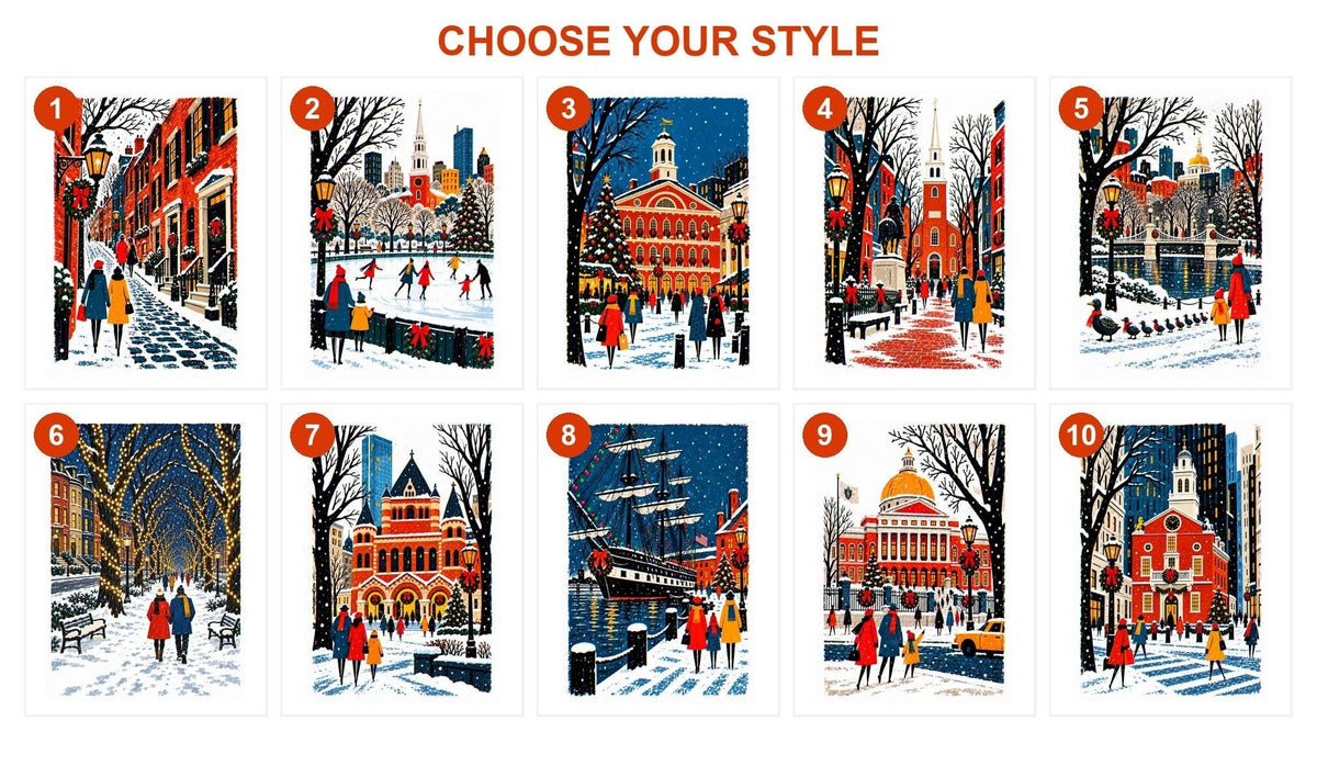 Style guide showing all 10 Boston Christmas card designs numbered 1 to 10