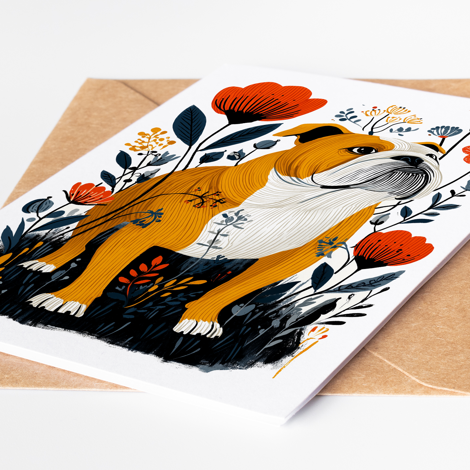 Inside view of blank English Bulldog note card with floral folk art, ideal for dog lovers, birthdays, and special occasions.