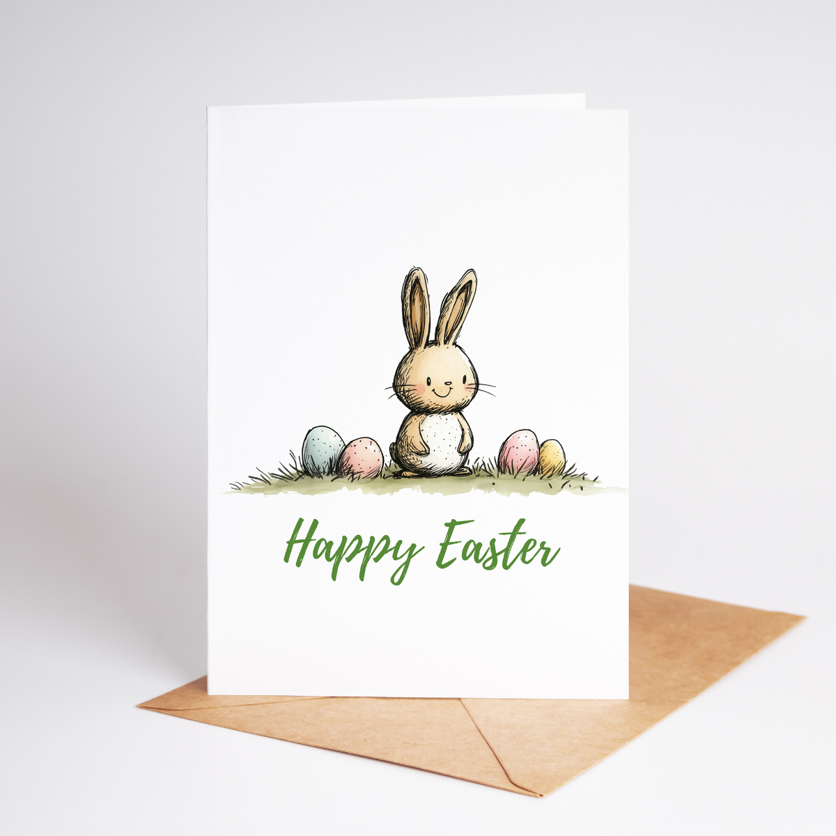 Hand-drawn Easter Bunny Card – Cute Watercolor Easter Greeting with Pastel Eggs