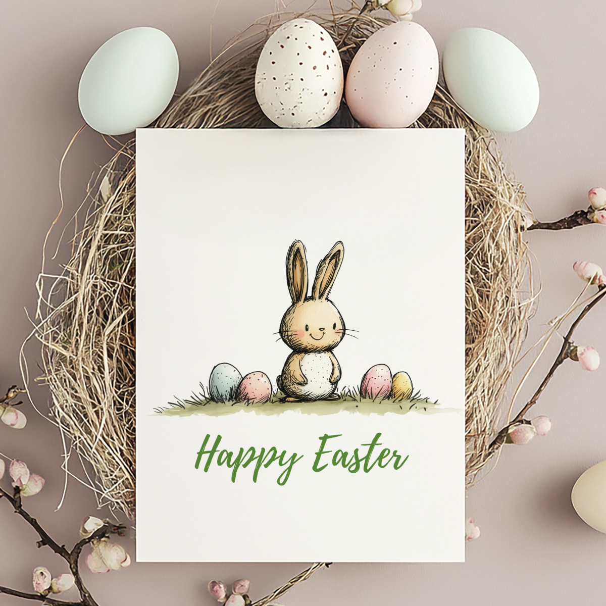 Custom Easter Card – Spring Holiday Rabbit Illustration with Soft Watercolor Design