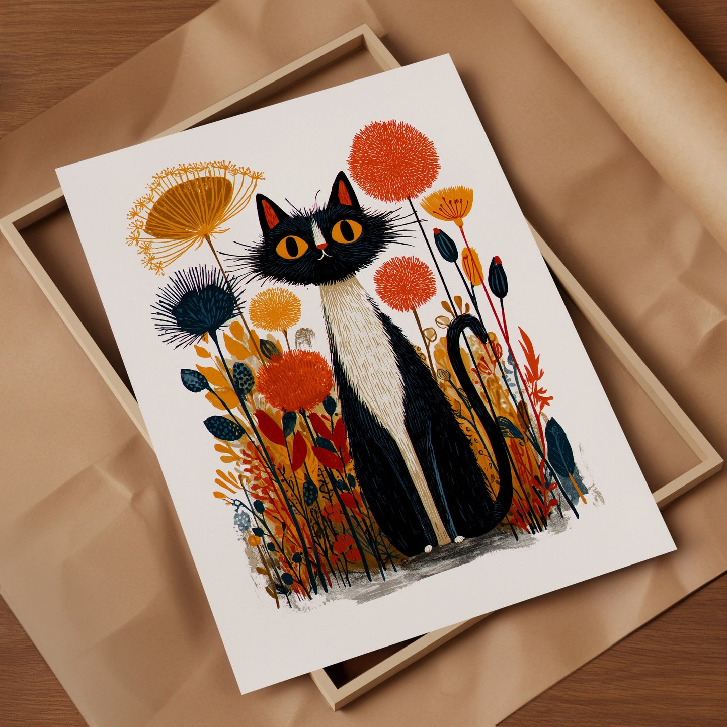 Tuxedo Cat Floral Art Print | Folk-Art Wall Decor