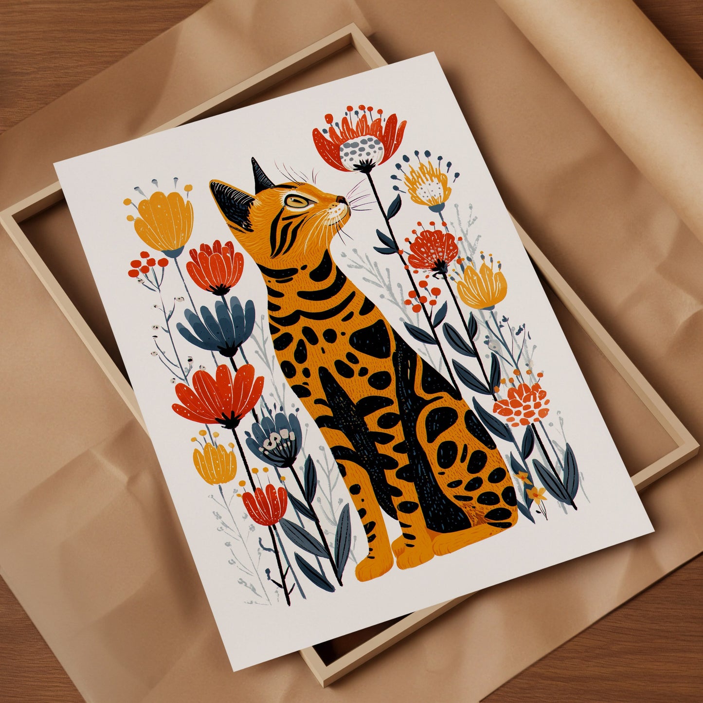 Bengal Cat Floral Art Print | Folk-Art Wall Decor