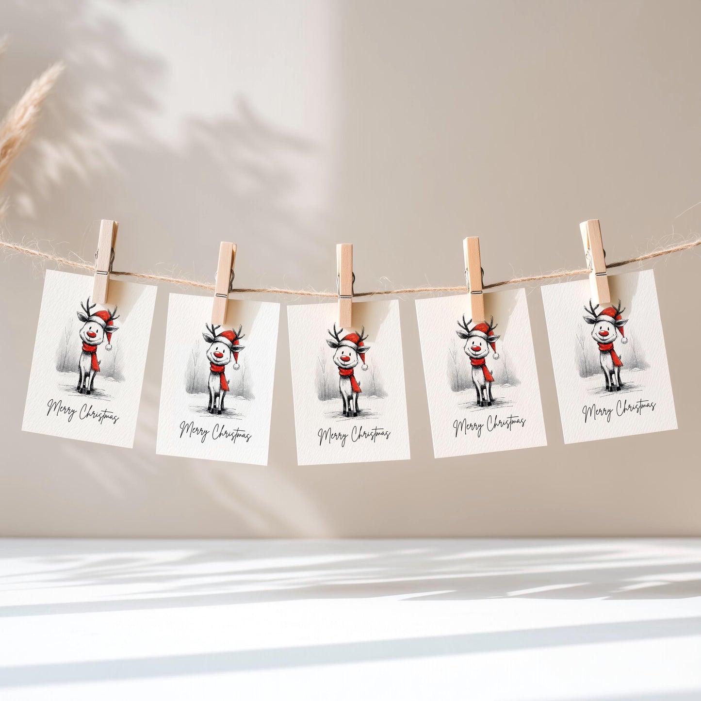 Reindeer Christmas Cards Set of 10 | Cute Holiday Greeting Cards | Merry Christmas Card Pack | Blank Inside Rustic Winter Reindeer Cards
