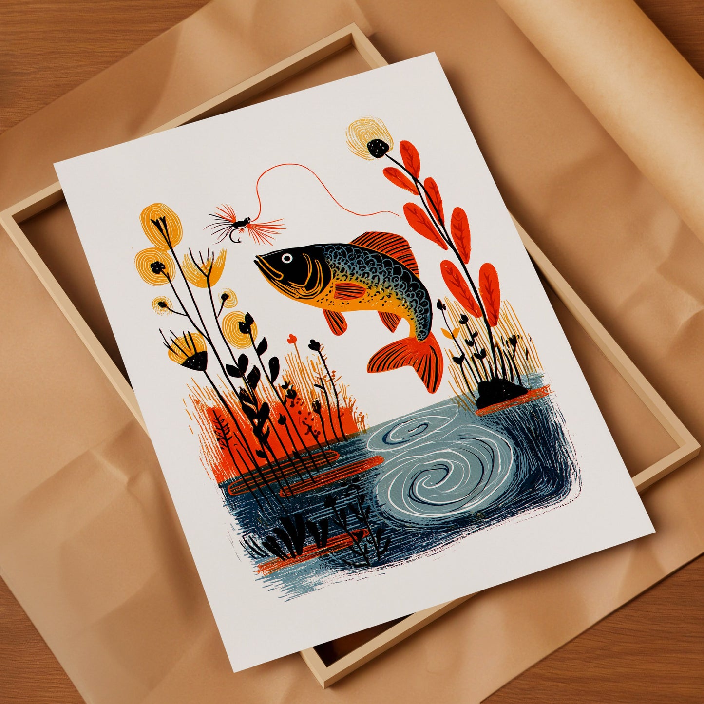 Fly Fishing Art Print | Folk-Art Wall Decor