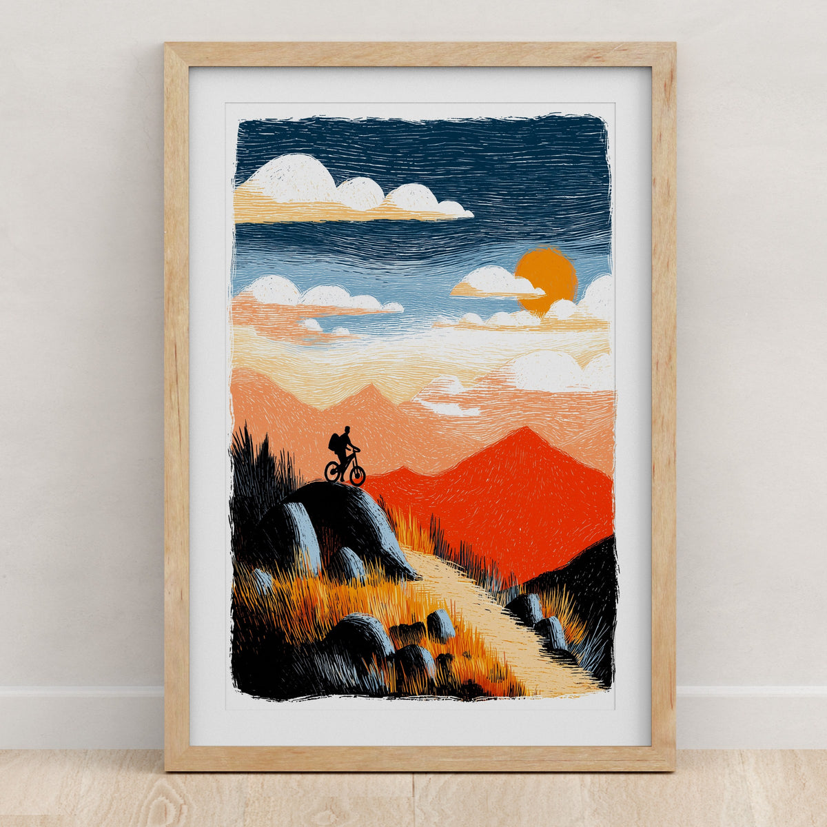 Folk art mountain biking wall art print