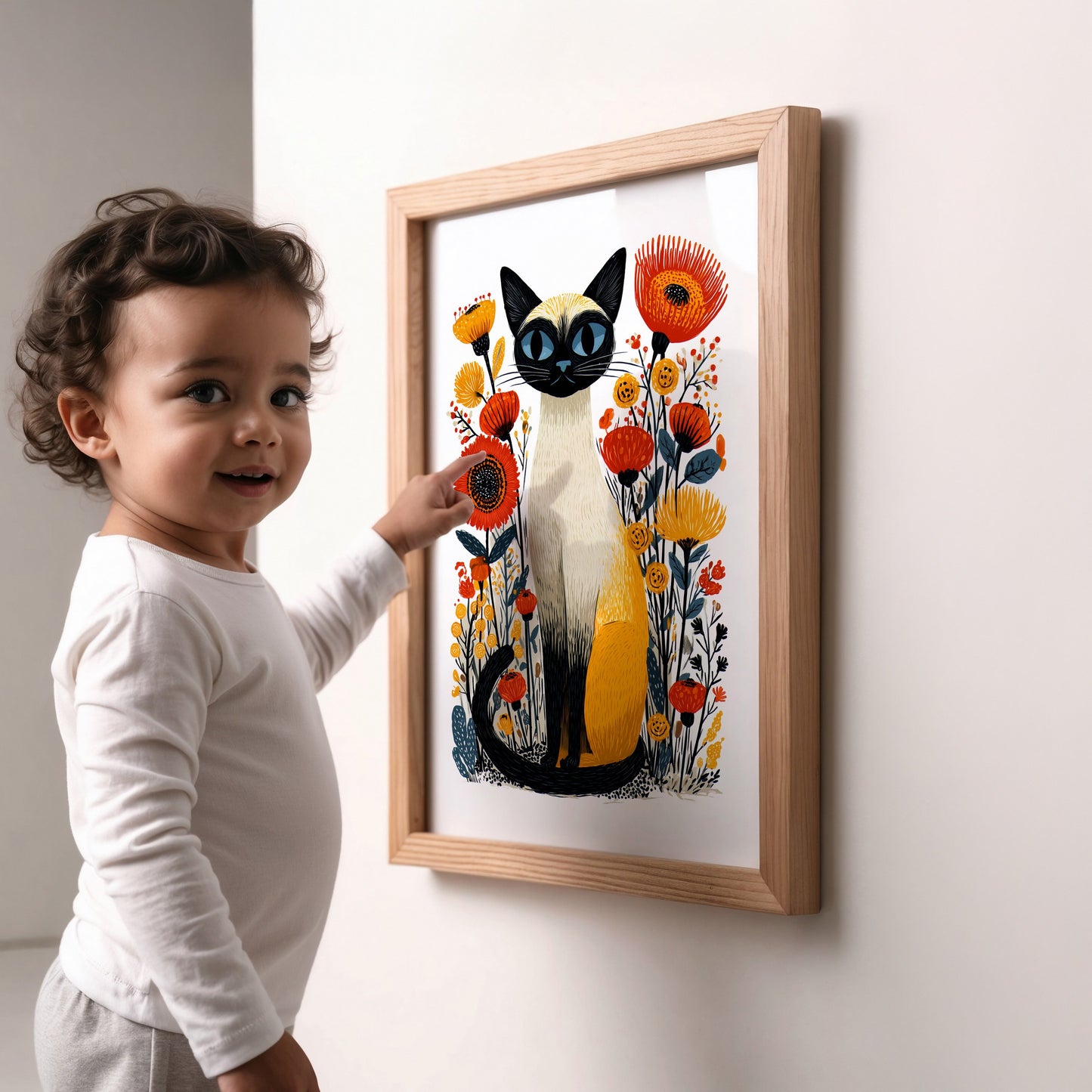 Siamese Cat Floral Art Print | Folk-Art Wall Decor
