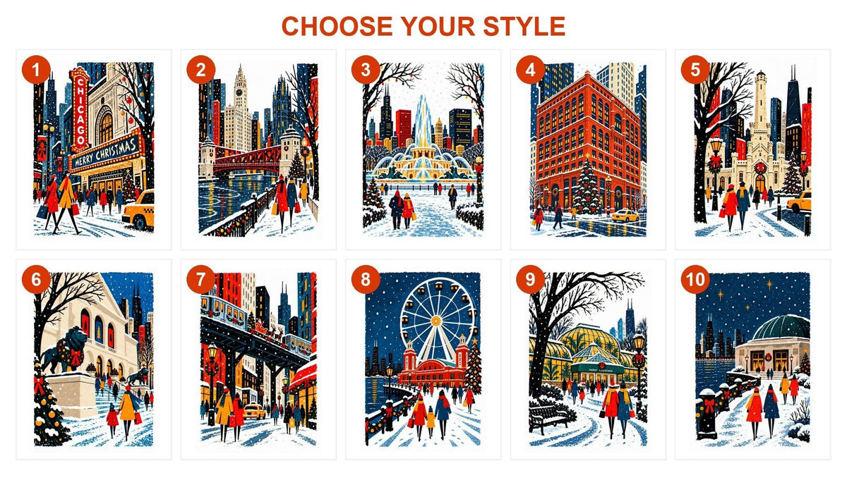 Style guide showing all 10 Chicago Christmas card designs numbered 1 to 10