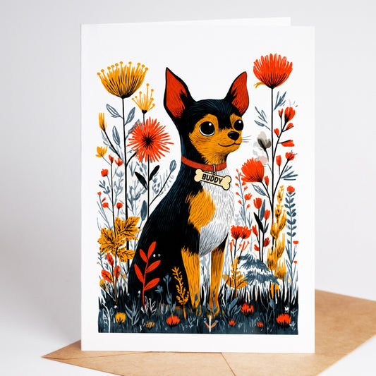 Personalized Chihuahua sympathy card with the name Buddy on a dog tag, standing on a kraft envelope