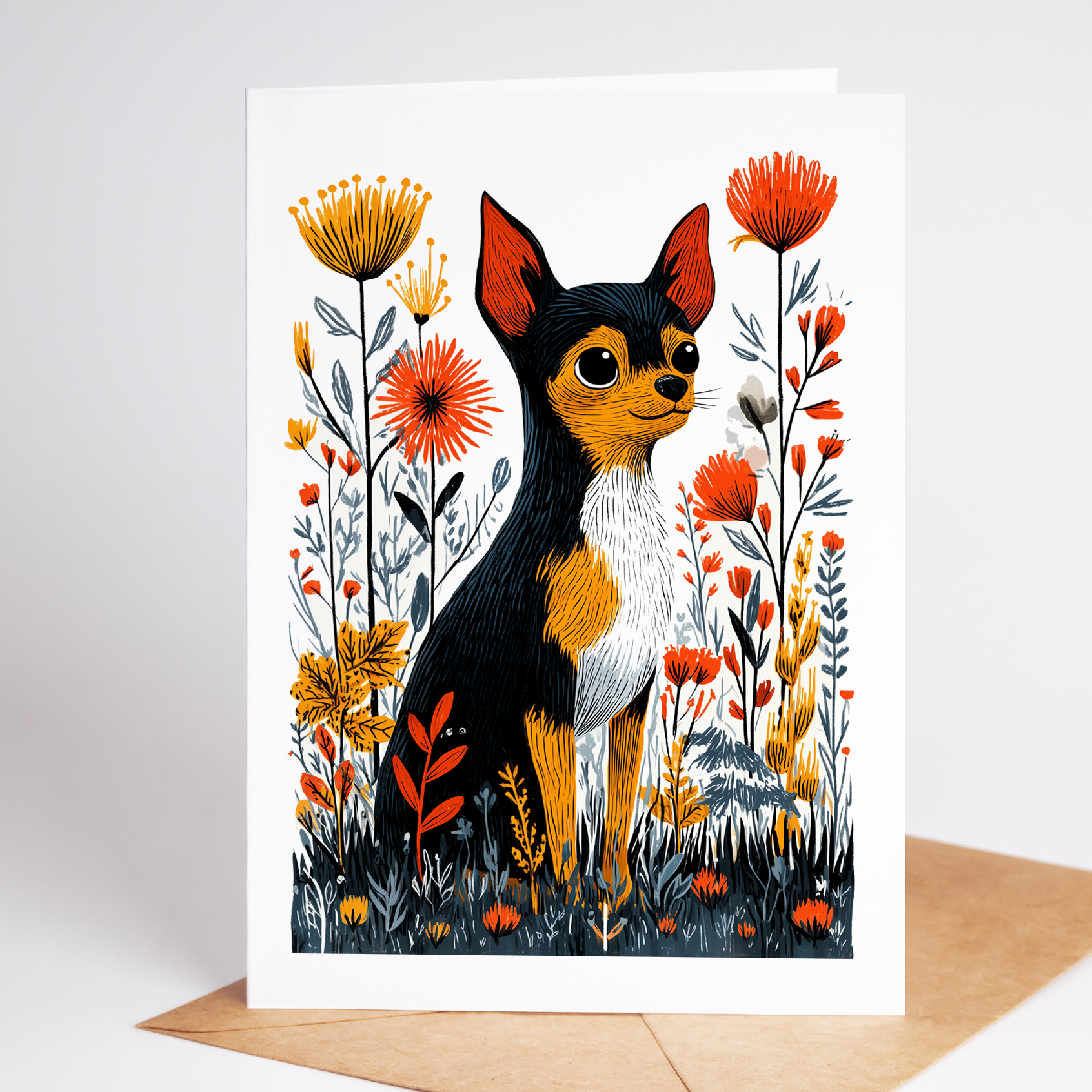 Front of Chihuahua greeting card with floral folk-art design, perfect 4.25x5.5 stationery for dog lovers.