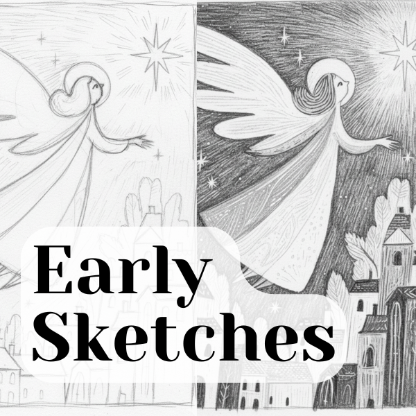 Early pencil sketches showing the creative process behind Learn Grow Play’s Nativity Christmas card artwork, including the manger and three wise men.