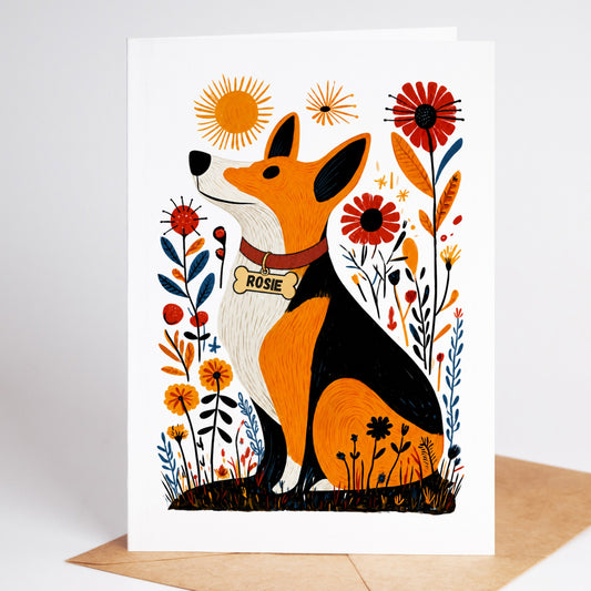 Personalized Corgi sympathy card with the name Rosie on a dog tag, standing on a kraft envelope