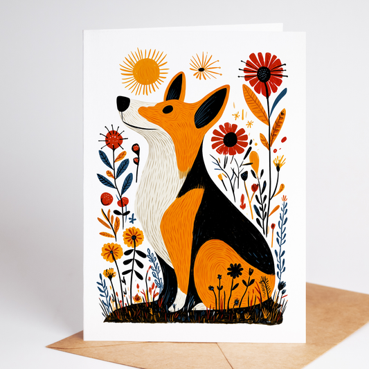 Front view of Corgi greeting card with folk-art Welsh Corgi and wildflowers