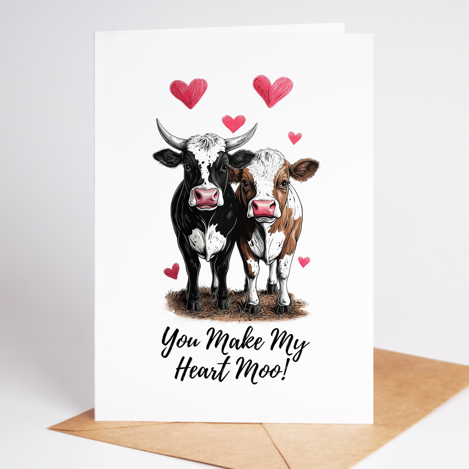 Funny cow-themed Valentine's Day card with heart patterns - humorous farm animal love note for couples