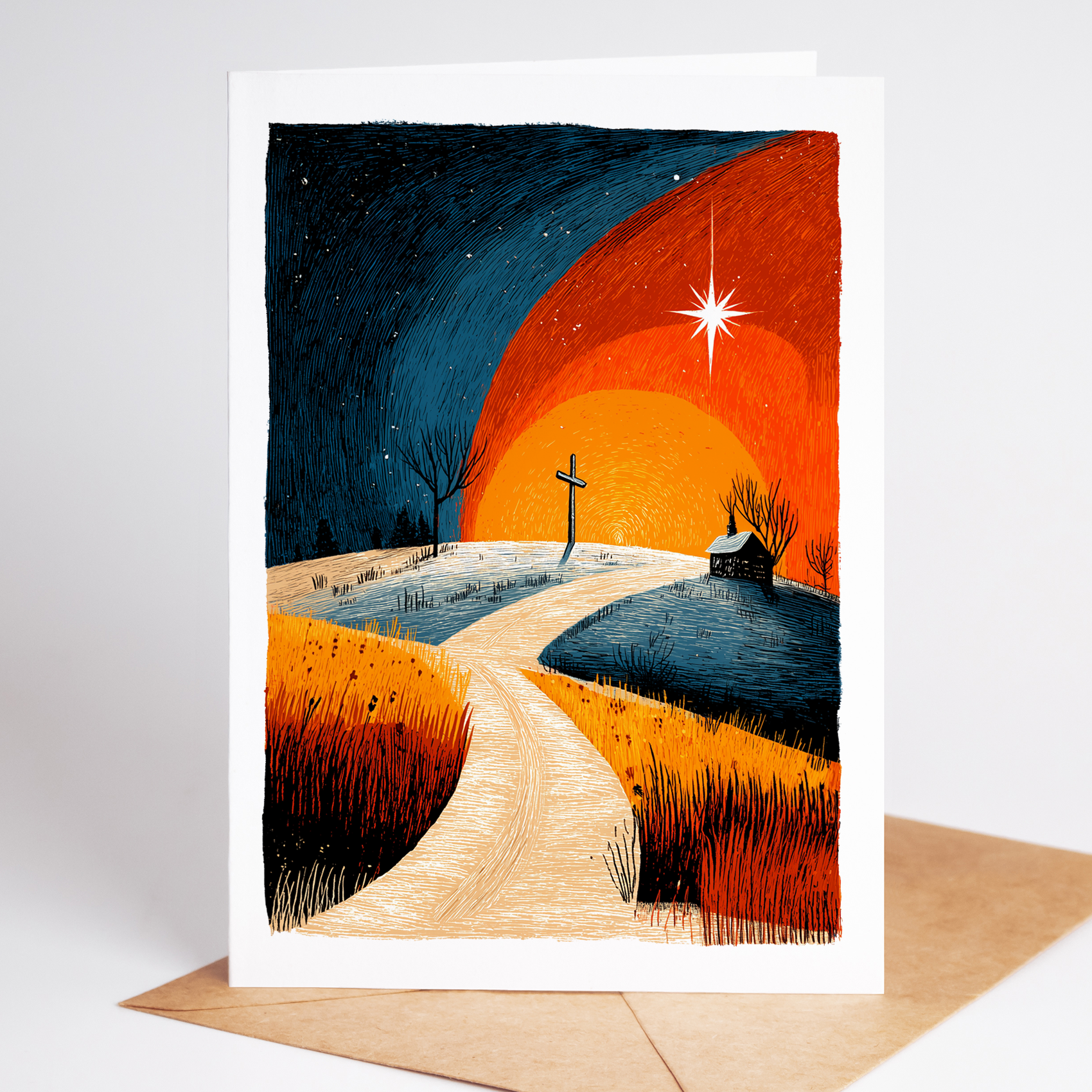 Christian Christmas card showing a winding path leading to a cross under the Star of Bethlehem at sunrise, religious artwork by Learn Grow Play.