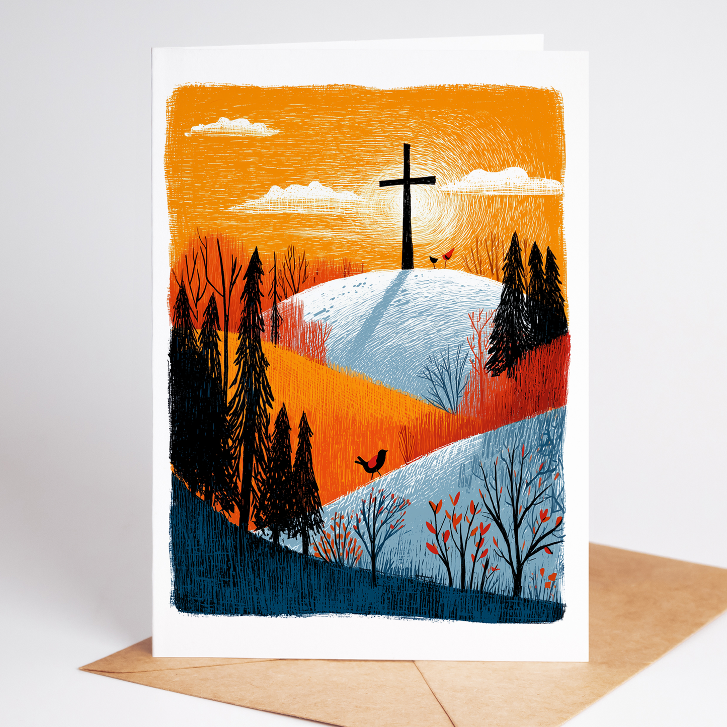 Religious Christmas card showing a cross on a snowy hill at sunrise surrounded by trees and birds, symbolizing faith and renewal, illustrated by Learn Grow Play.