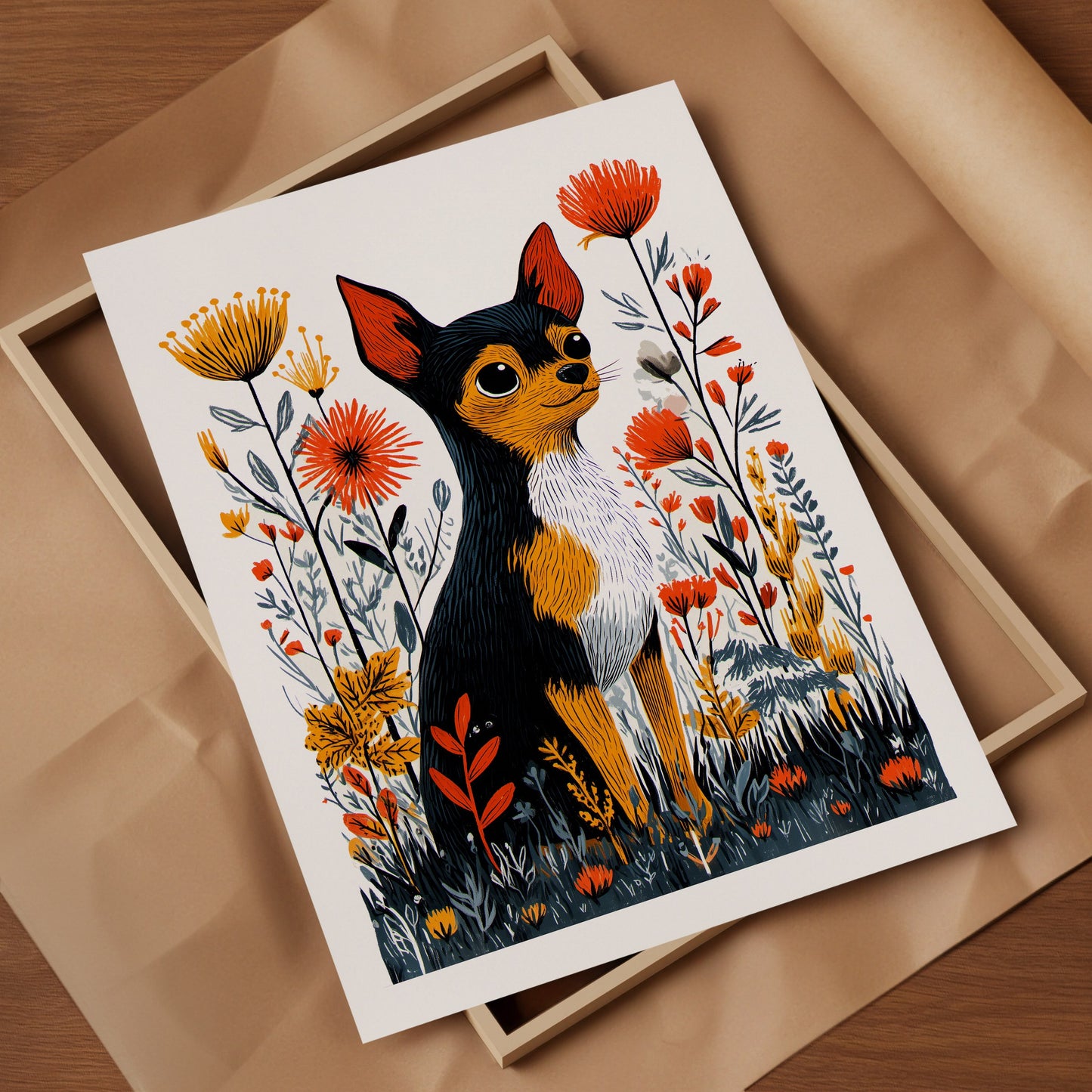 Chihuahua Floral Art Print | Folk-Art Wall Decor