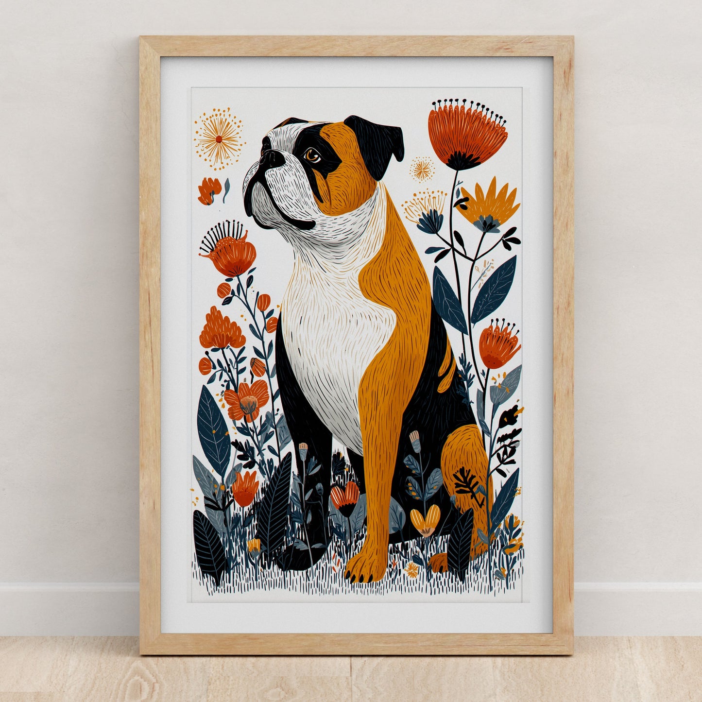 English Bulldog Floral Art Print | Folk-Art Wall Decor