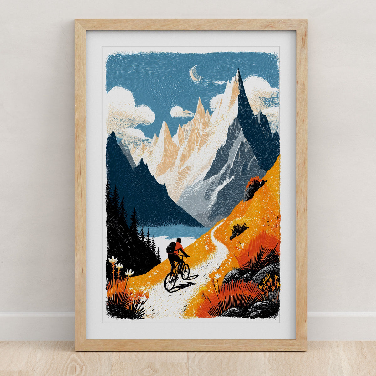 Folk art mountain biking wall art print