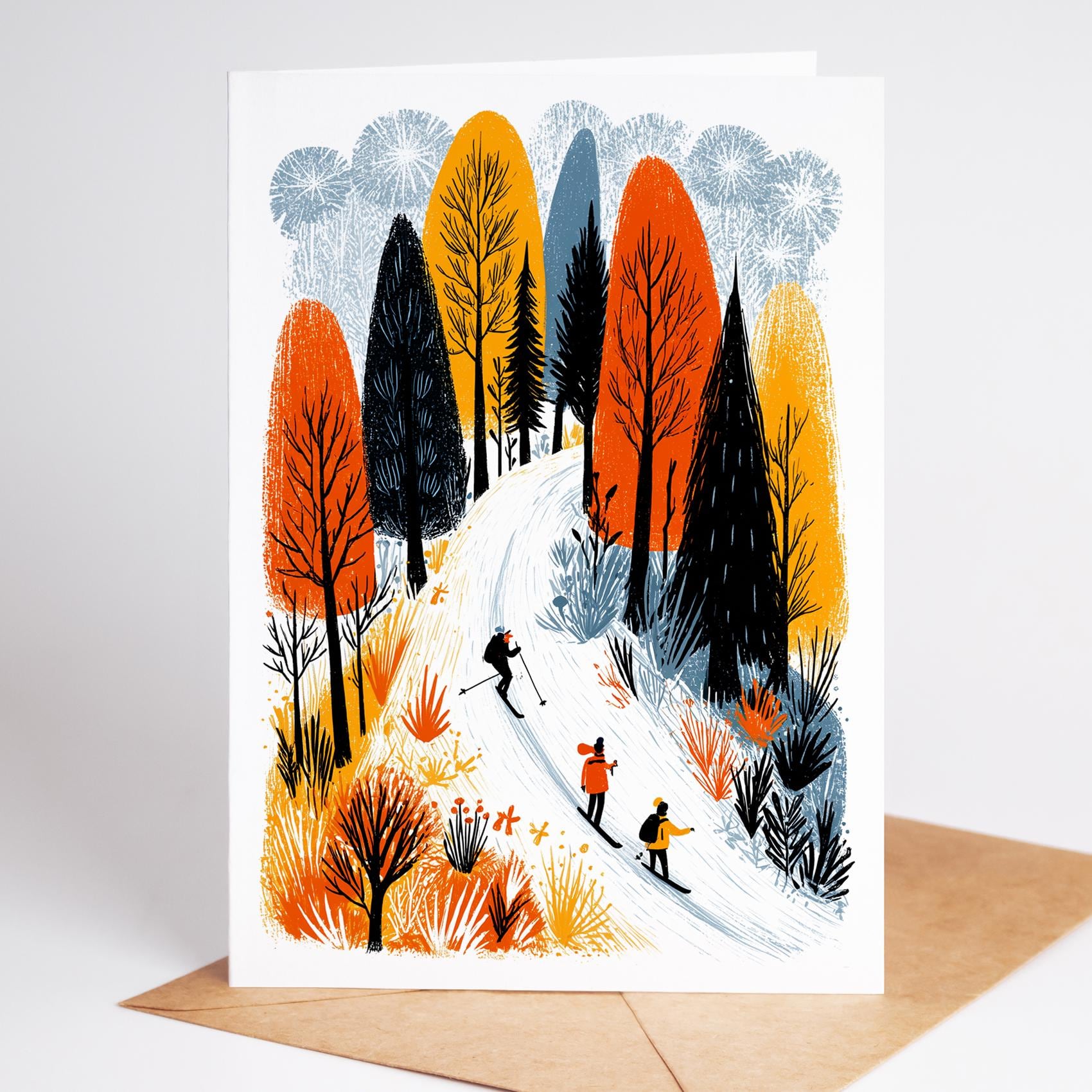 Greeting card with illustration of skiers in a forest during autumn.