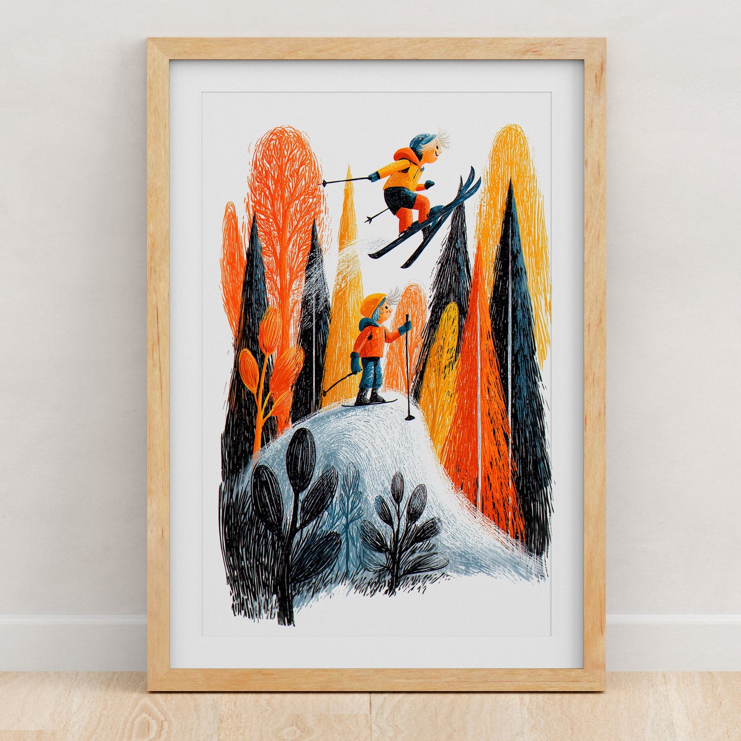Skiing Art Print | Folk-Art Wall Decor