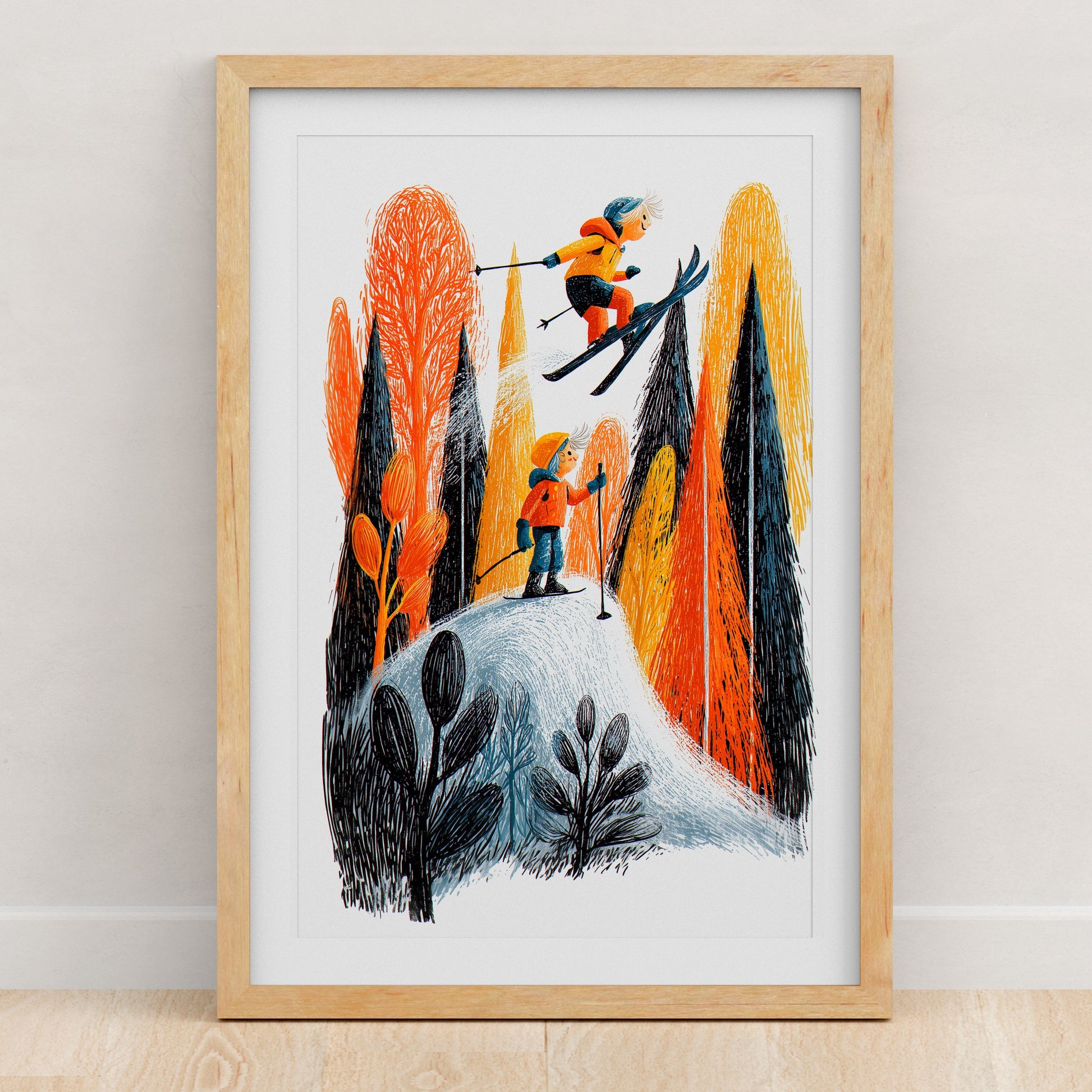 Skiing Art Print | Folk-Art Wall Decor