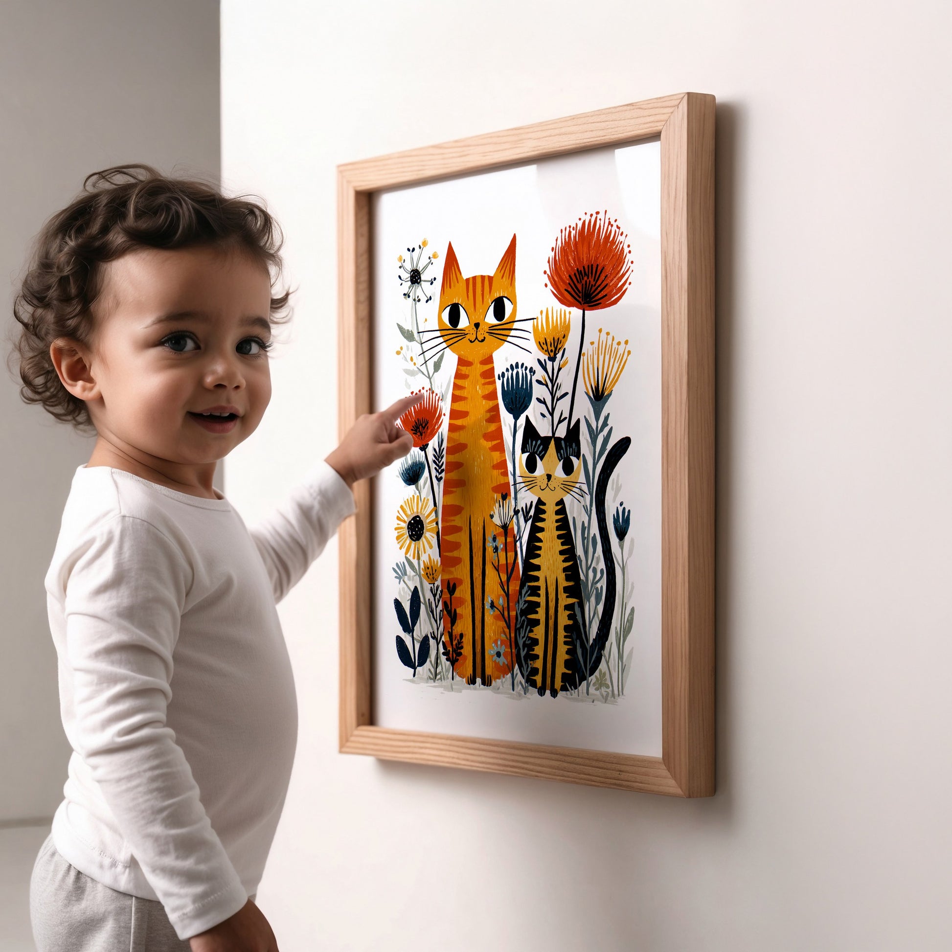 Orange Tabby Cat Floral Art Print | Folk-Art Wall Decor