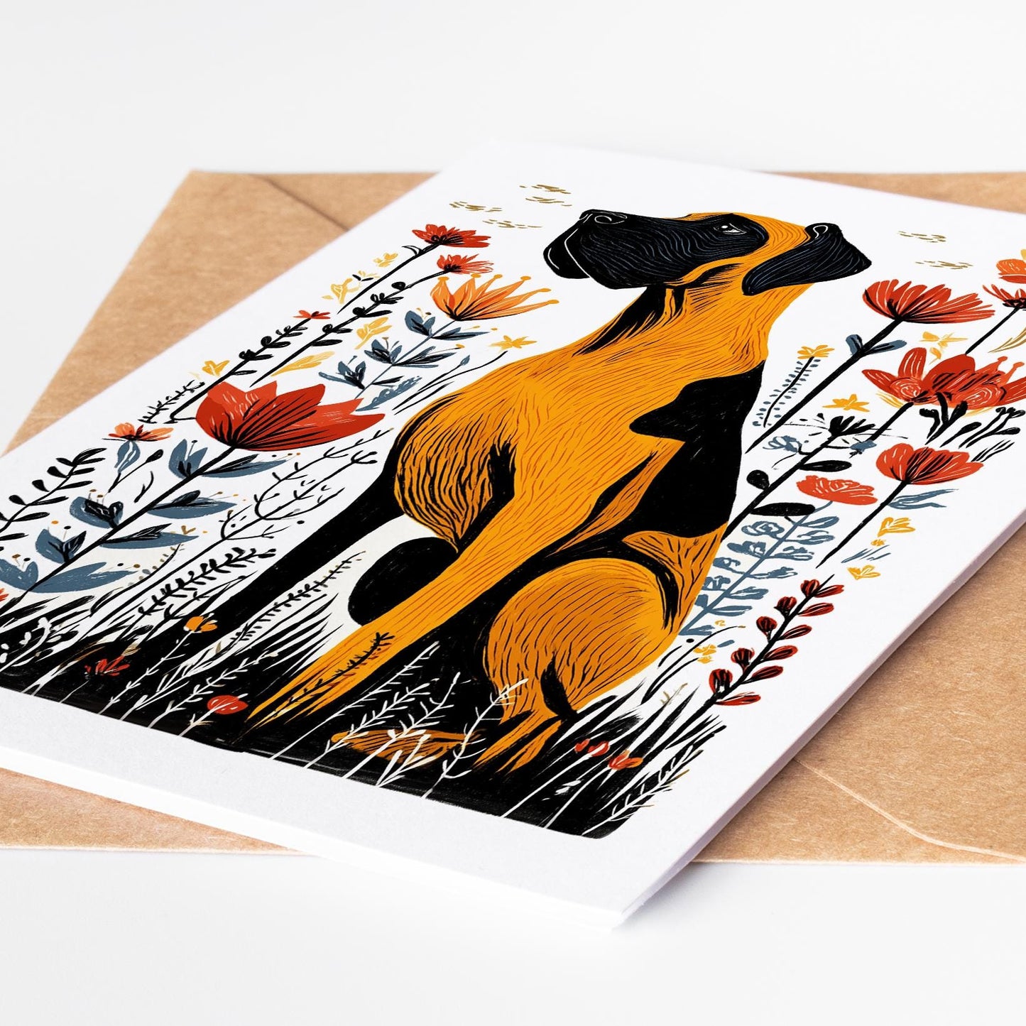 Great Dane Greeting Cards Set of 10 | Block Print Dog Note Cards 4.25x5.5 | Blank Birthday Card | Dog Lover Gift | Gentle Giant Stationery